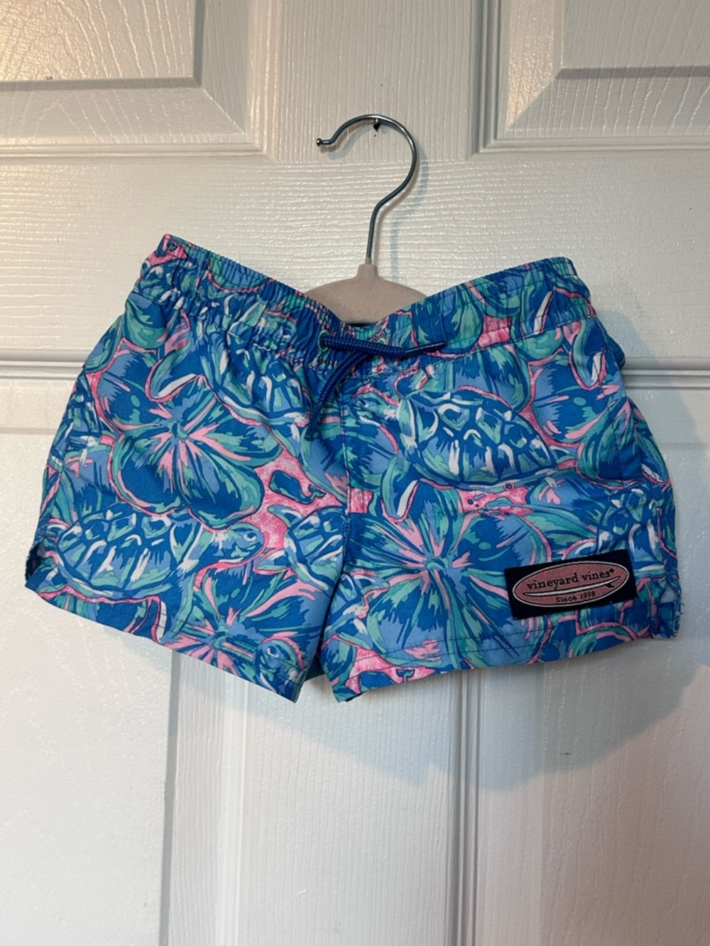 Vineyard Vines Blue Floral Swim Shorts with Pink Accents